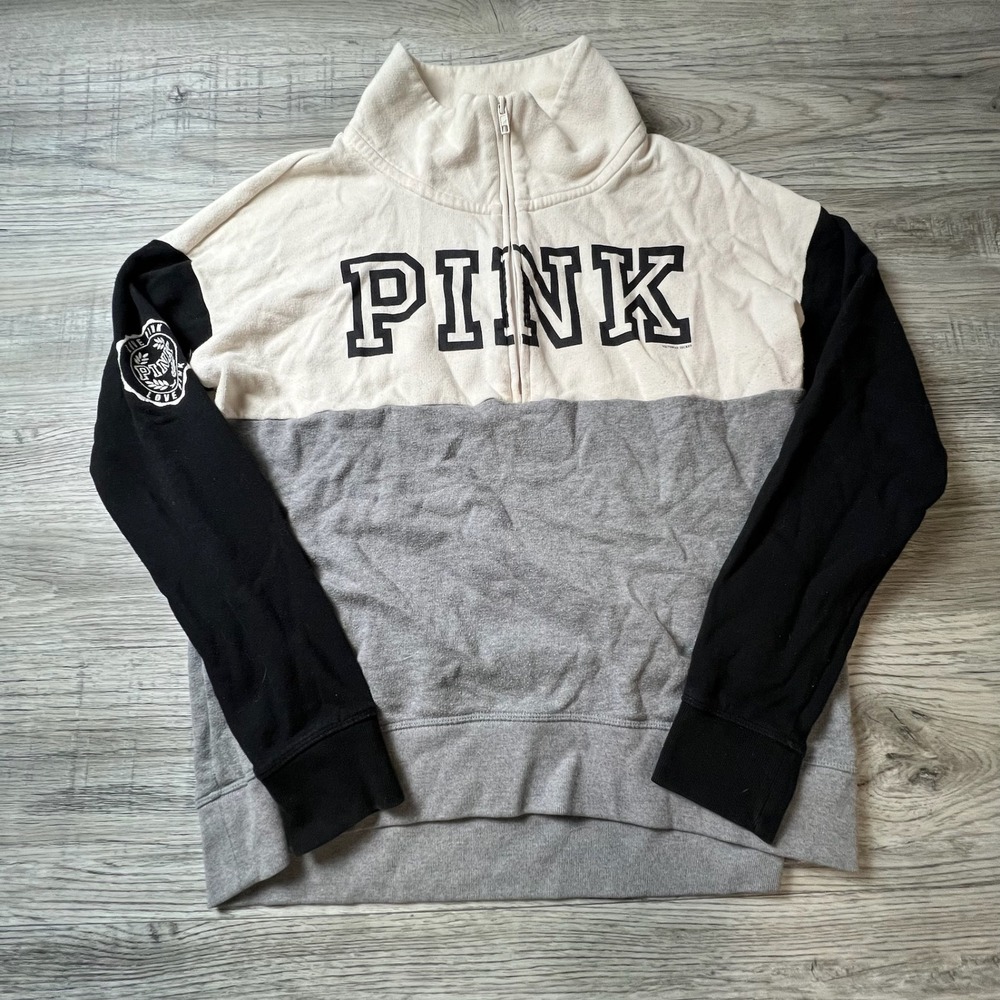 PINK‎ Quarter Zip Sweatshirt Womens Small Multi Colorblock Logo Pullover Q49